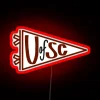 University of South Carolina pennant with neon lights against a red background.