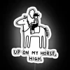 Neon sign with pastel peach and white hues, featuring a stylized horse design.