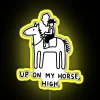 Neon sign featuring an illustration of a horse with peach fuzz and yellow neon accents.