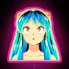 Lum from Urusei Yatsura standing in front of a neon sign with an RGB display.