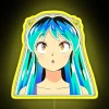 Neon sign featuring Lum from the anime Urusei Yatsura in RGB colors, yellow background.