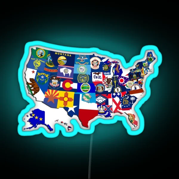 USA State Flags Map Mosaic RGB Neon Sign