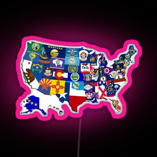 USA State Flags Map Mosaic RGB Neon Sign