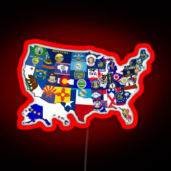 USA State Flags Map Mosaic RGB Neon Sign