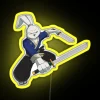 A vibrant, neon-lit sign inspired by Usagi Yojimbo, a manga series featuring a samurai rabbit.