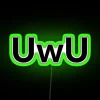 UwU neon sign with RGB colors in a dark green hue, displaying an emotive facial expression