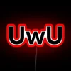 Neon sign with pastel-style 'uwu' face in red, RGB color scheme.