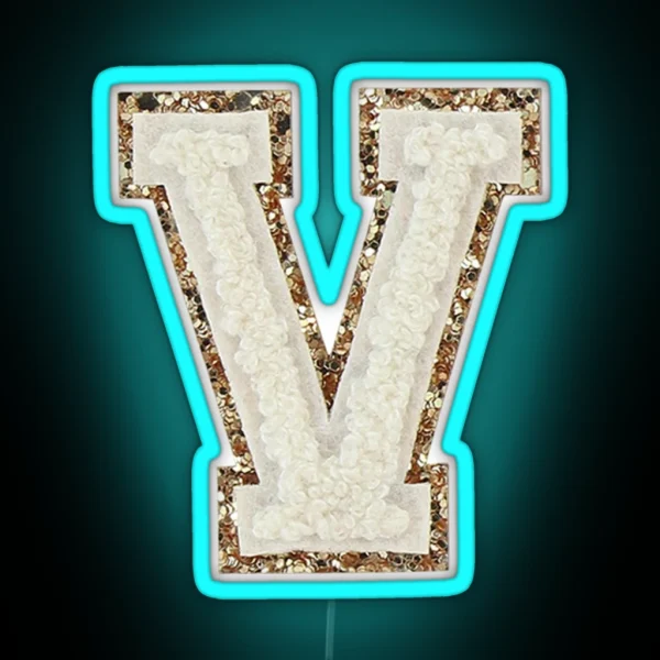 V Blanc Glitter Varsity Letter Patches RGB Neon Sign
