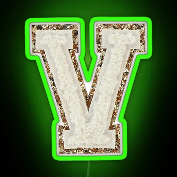V Blanc Glitter Varsity Letter Patches RGB Neon Sign
