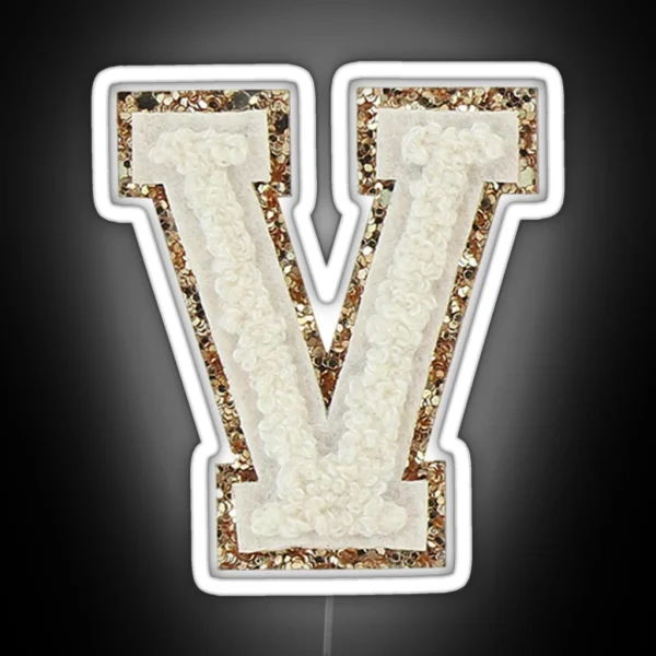 V Blanc Glitter Varsity Letter Patches RGB Neon Sign