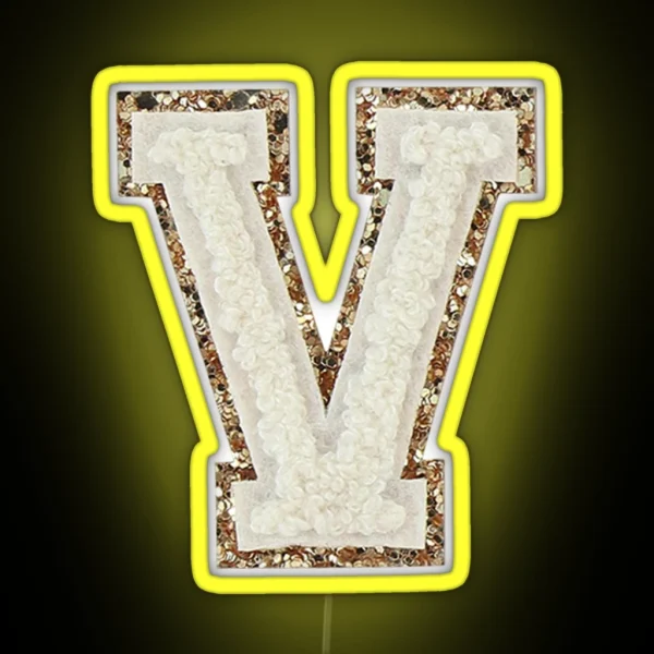 V Blanc Glitter Varsity Letter Patches RGB Neon Sign