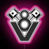 High-performance V8 engine piston design with neon accents, featuring pink highlights.