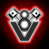 Close-up of V8 engine piston design with neon highlights