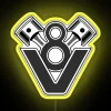 V8 engine piston design with neon-lit highlights on a yellow background.