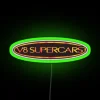 RGB neon sign with green accent, reflecting on V8 Supercar logo