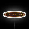 Neon sign featuring the V8 Supercars logo in bold, colorful RGB graphics.