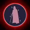 Neon RGB lights illuminate Darth Vader's iconic helmet on a red background.