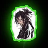 Neon sign featuring Miyamoto Musashi's portrait in a vibrant, green glow.