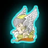 Neon sign of a Valkyrie, an angelic warrior in a fallen state.
