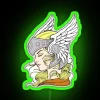 Neon sign featuring a vibrant, RGB-lit depiction of a Valkyrie with angelic wings, set against a dark background.