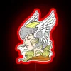 Neon-lit Valkyrie warrior in fallen angel attire, set against a bold red background.