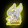 Neon sign featuring a Valkyrie, a fallen angel warrior in vibrant yellow and RGB colors.