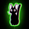 Neon sign with vaporwave-inspired cat logo on a green background.