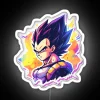 Vegeta, the Dragon Ball Z character, posing in front of a neon sign that reads 'DB' (Dragon Ball) in bold white letters.