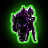 Vegeta from Dragon Ball Z standing in front of a vibrant RGB neon sign reading 'ULTRA EGO' in green, reflecting his powerf...