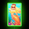 A vibrant neon sign featuring a mermaid surrounded by stars, set against the planet Venus in the night sky.