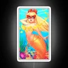 Neon sign featuring an illustration of a mermaid in shades of pink, green, and blue.