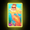 Vibrant neon sign featuring a stylized mermaid above the planet Venus in a bright yellow color scheme.