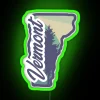 Vermont state sign with neon green letters against a dark background.
