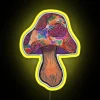 A vibrant, glowing mushroom standing under a neon sign in a futuristic cityscape at night.