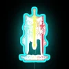 Neon-lit silhouette of a vibrant sword in bold RGB colors against a dark blue background.