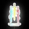 Vibrant neon sword silhouette design against a white background.