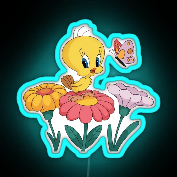 Vibrant Tweety Bird In Playful Floral Scene RGB Neon Sign