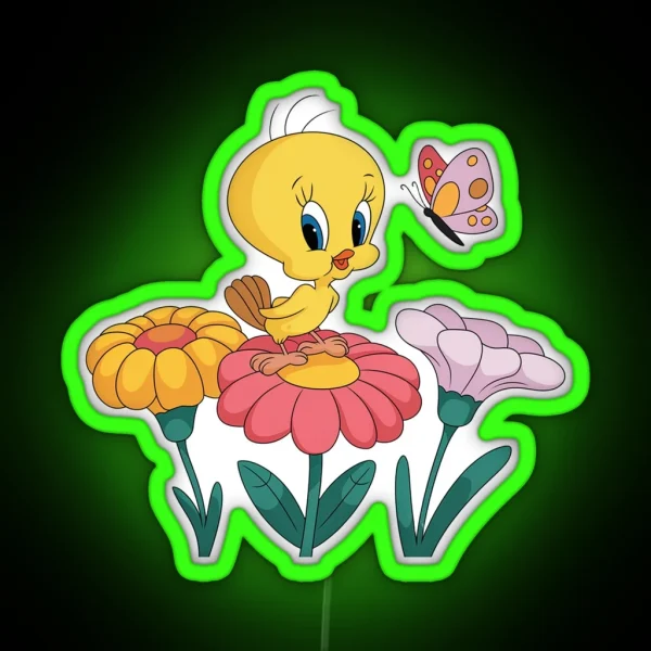 Vibrant Tweety Bird In Playful Floral Scene RGB Neon Sign