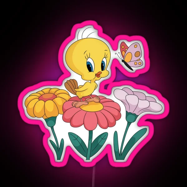 Vibrant Tweety Bird In Playful Floral Scene RGB Neon Sign