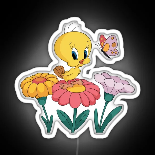 Vibrant Tweety Bird In Playful Floral Scene RGB Neon Sign
