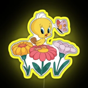 Vibrant Tweety Bird In Playful Floral Scene RGB Neon Sign