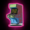 Neon-lit video game cabinet with colorful RGB display.