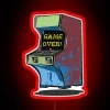 Neon-lit video game cabinet with a "Game Over" display in bright RGB colors.