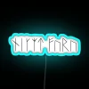 Viking-inspired dragon neon sign with glowing blue letters, illuminated in RGB color scheme.