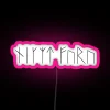Viking-inspired dragon neon sign with pink accents against a dark background.