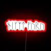 Neon sign featuring a colorful, glowing Viking and dragon illustration in a modern, pixel art style.