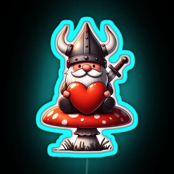 Viking Gnome Red Heart On Mushroom Valentines Day RGB Neon Sign