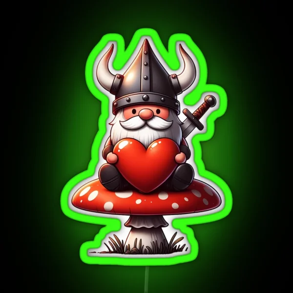 Viking Gnome Red Heart On Mushroom Valentines Day RGB Neon Sign