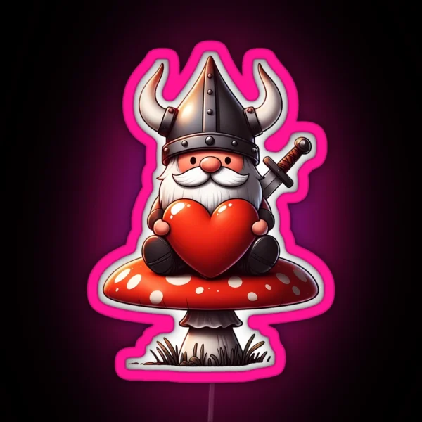 Viking Gnome Red Heart On Mushroom Valentines Day RGB Neon Sign