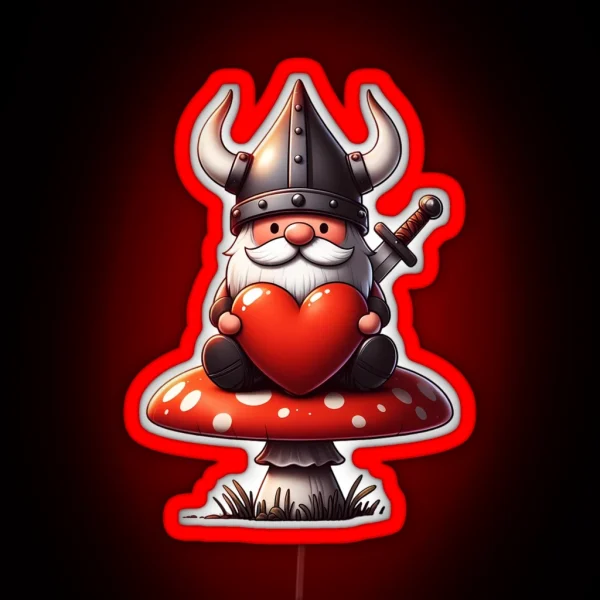 Viking Gnome Red Heart On Mushroom Valentines Day RGB Neon Sign